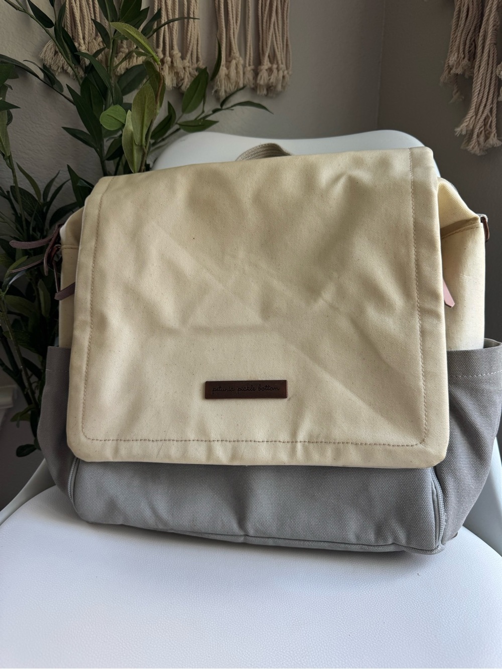 Petunia Pickle Bottom Boxy Backpack Diaper Bag Cream Gray Convertible Canvas